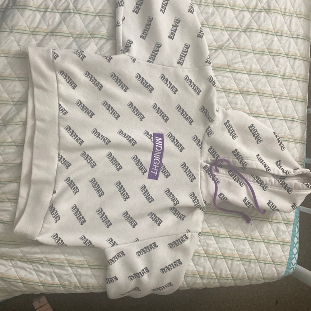 white “dance” hoodie with purple midnight logo